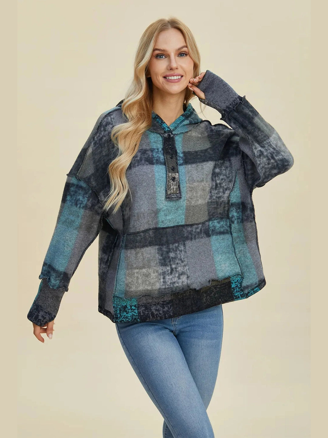Double Take Full Size Plaid Dropped Shoulder Fleece Hoodie Trendsi