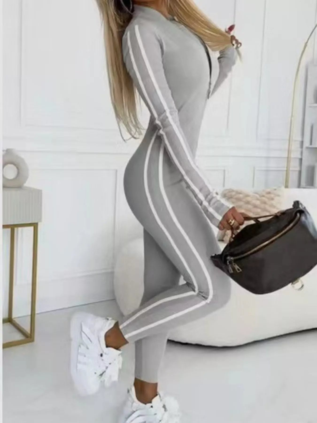 Full Size Stripe Zip-Front Long Sleeve Jumpsuit Plus Size nicholesgifts