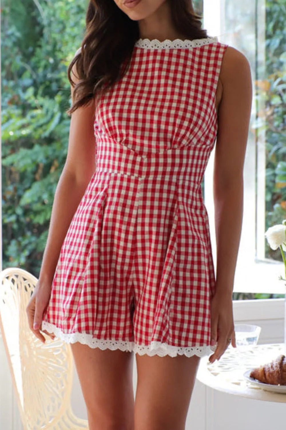Lace Detail Plaid Sleeveless Romper Trendsi