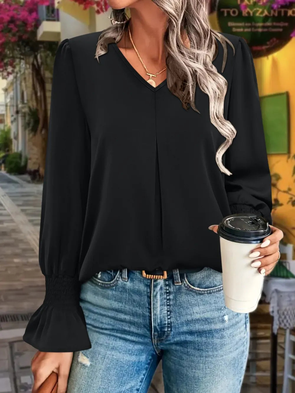 V-Neck Flounce Sleeve Blouse NicholesGifts