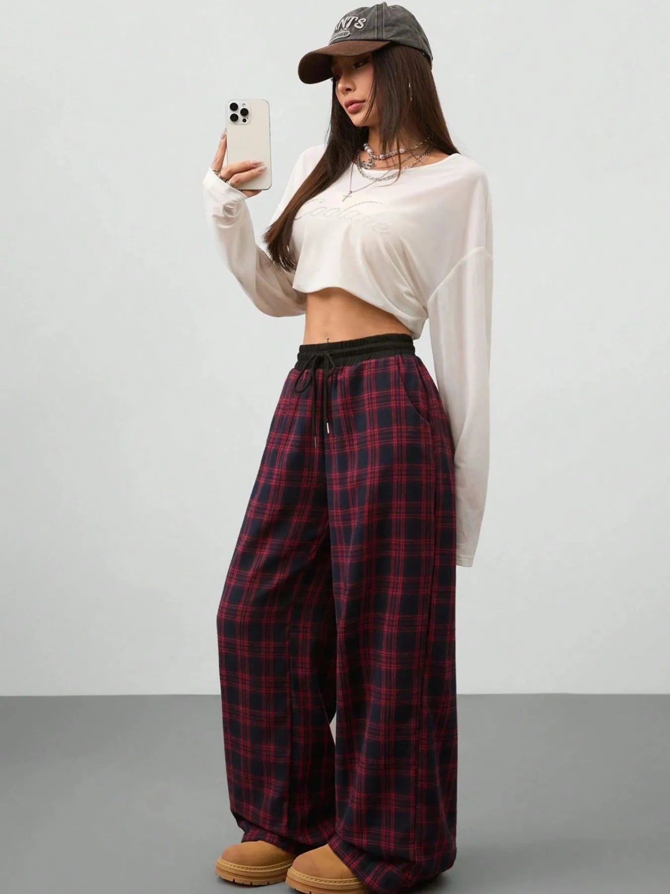 Plaid Wide Leg Pants with Drawstring Waist Trendsi