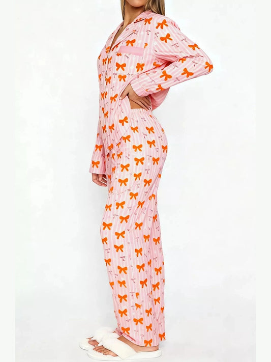 Bow Print Top and Wide Leg Pants Lounge Set nicholesgifts