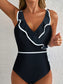 Women Ruffle Trim V-Neck One-Piece Swimsuit nicholesgifts
