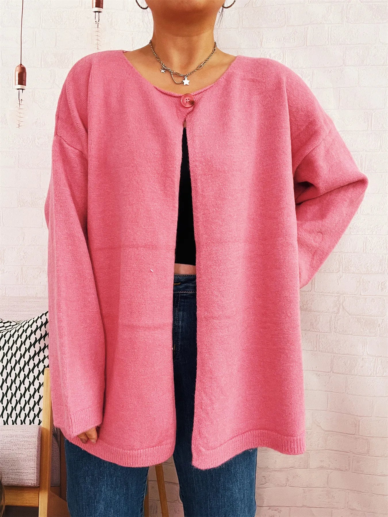 One Button Front Drop Shoulder Cardigan Trendsi
