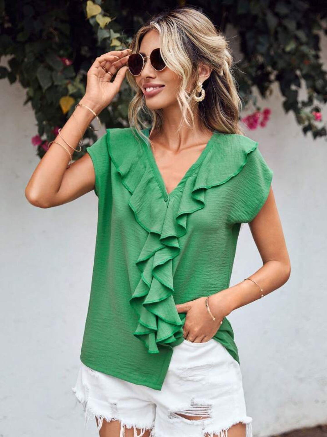 Ruffled V-Neck Short Sleeve Blouse nicholesgifts