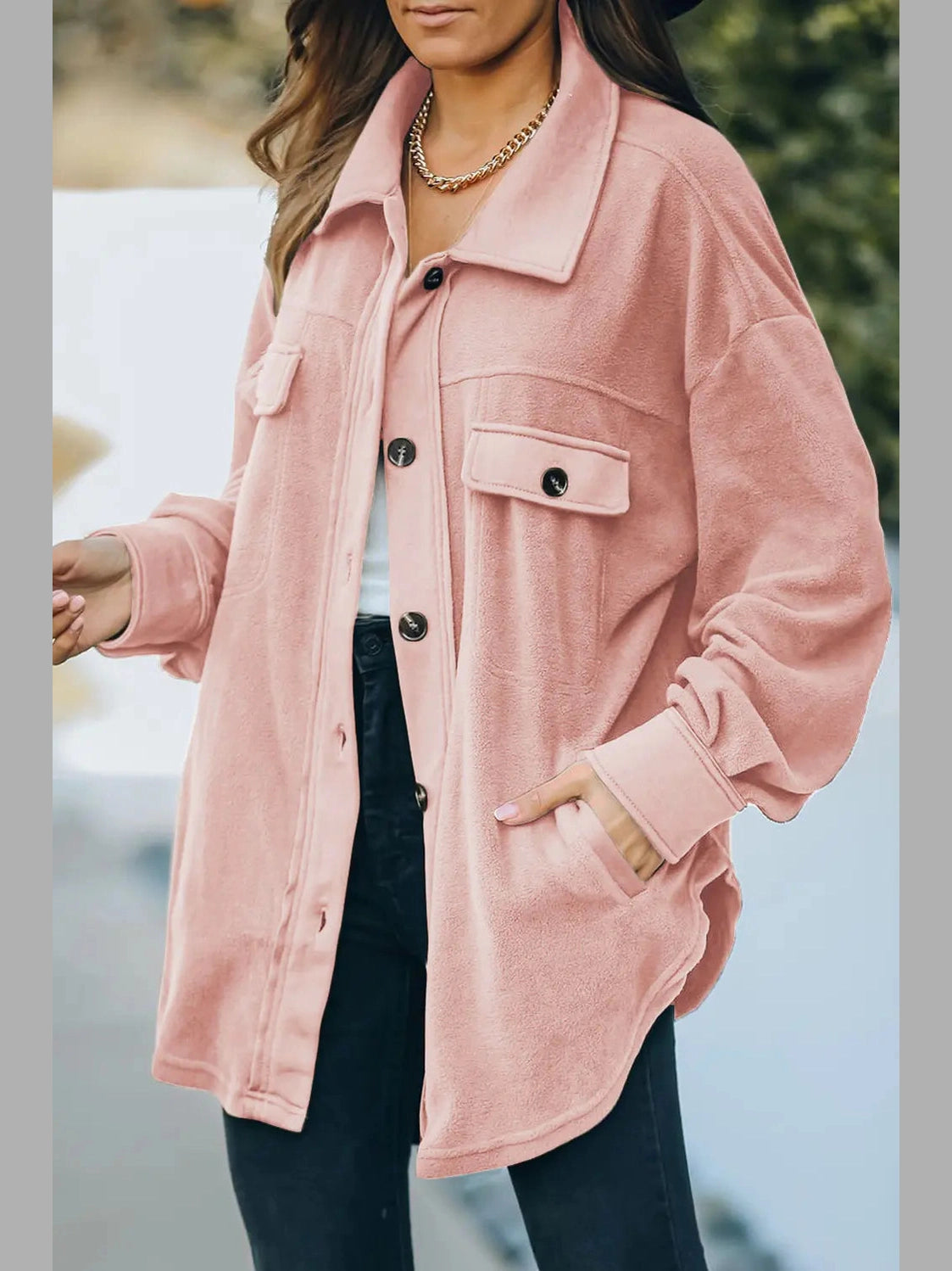 Button Up Collared Neck Long Sleeve Jacket nicholesgifts