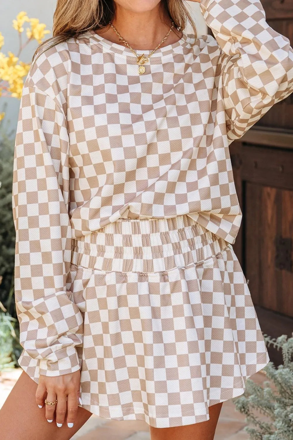 Checkered Long Sleeve Top and Skirt Two-Piece Set Trendsi