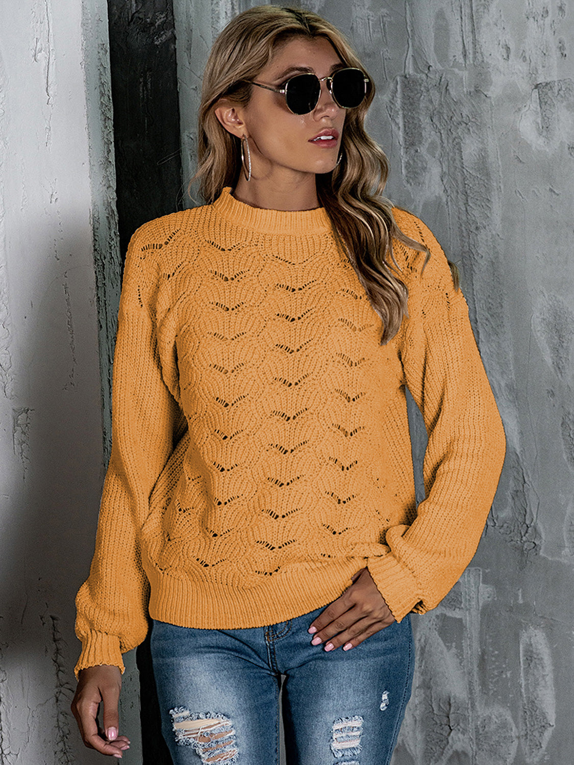 Openwork Mock Neck Long Sleeve Sweater NicholesGifts