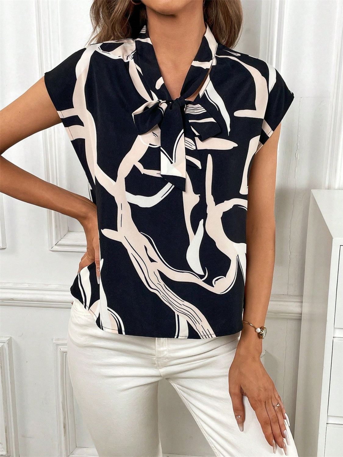 Printed Tie Neck Cap Sleeve Blouse nicholesgifts