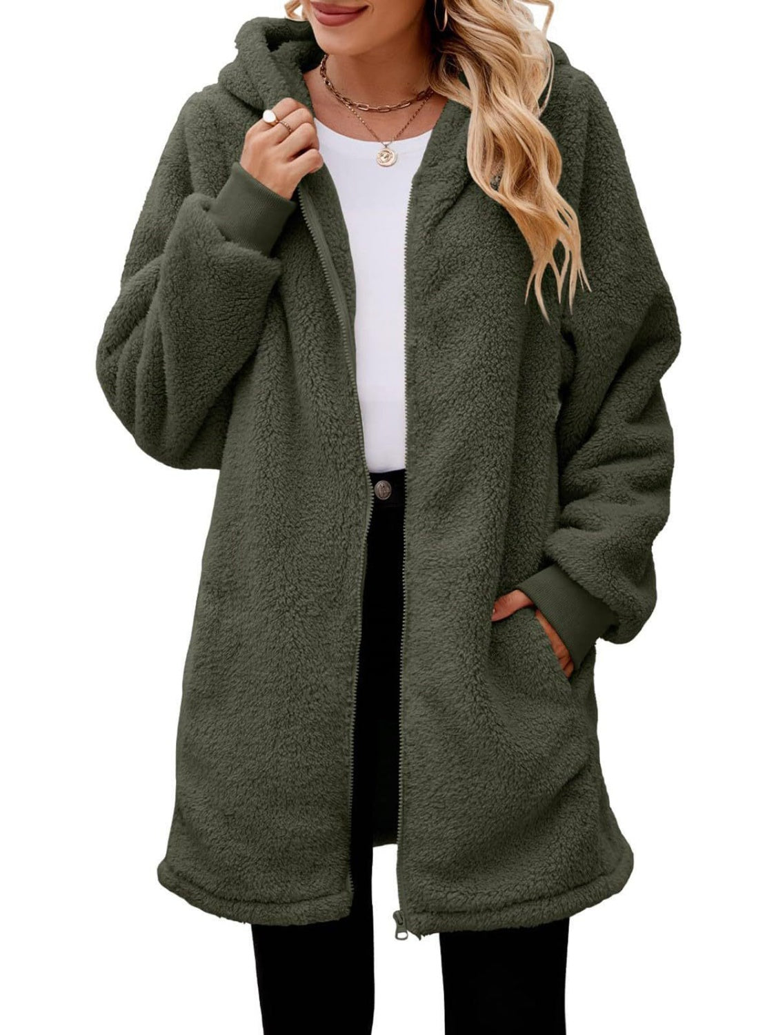 Fuzzy Pocketed Zip Up Long Sleeve Hooded Jacket NicholesGifts