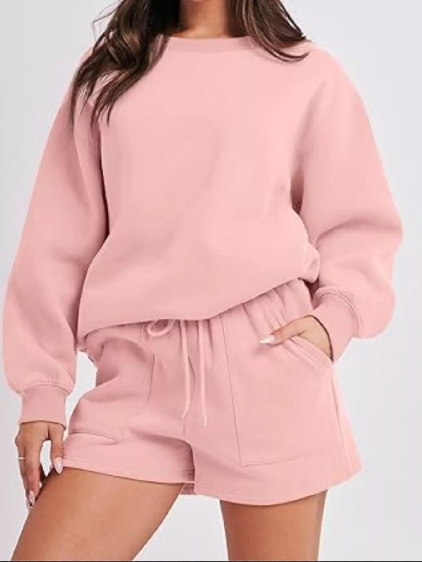 Round Neck Dropped Shoulder Top and Drawstring Shorts Set NicholesGifts