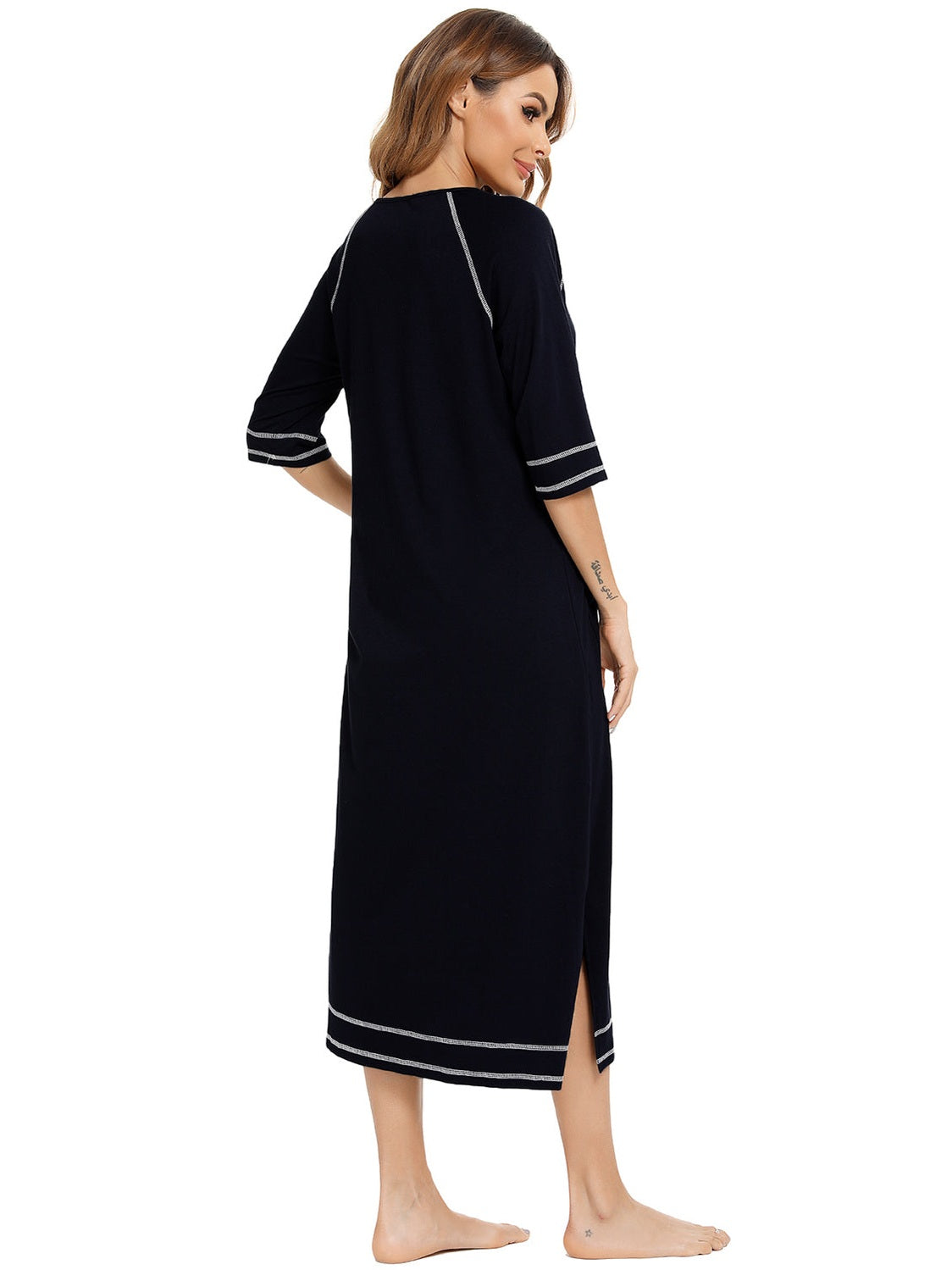 Zip Up Slit Round Neck Night Dress with Pockets nicholesgifts