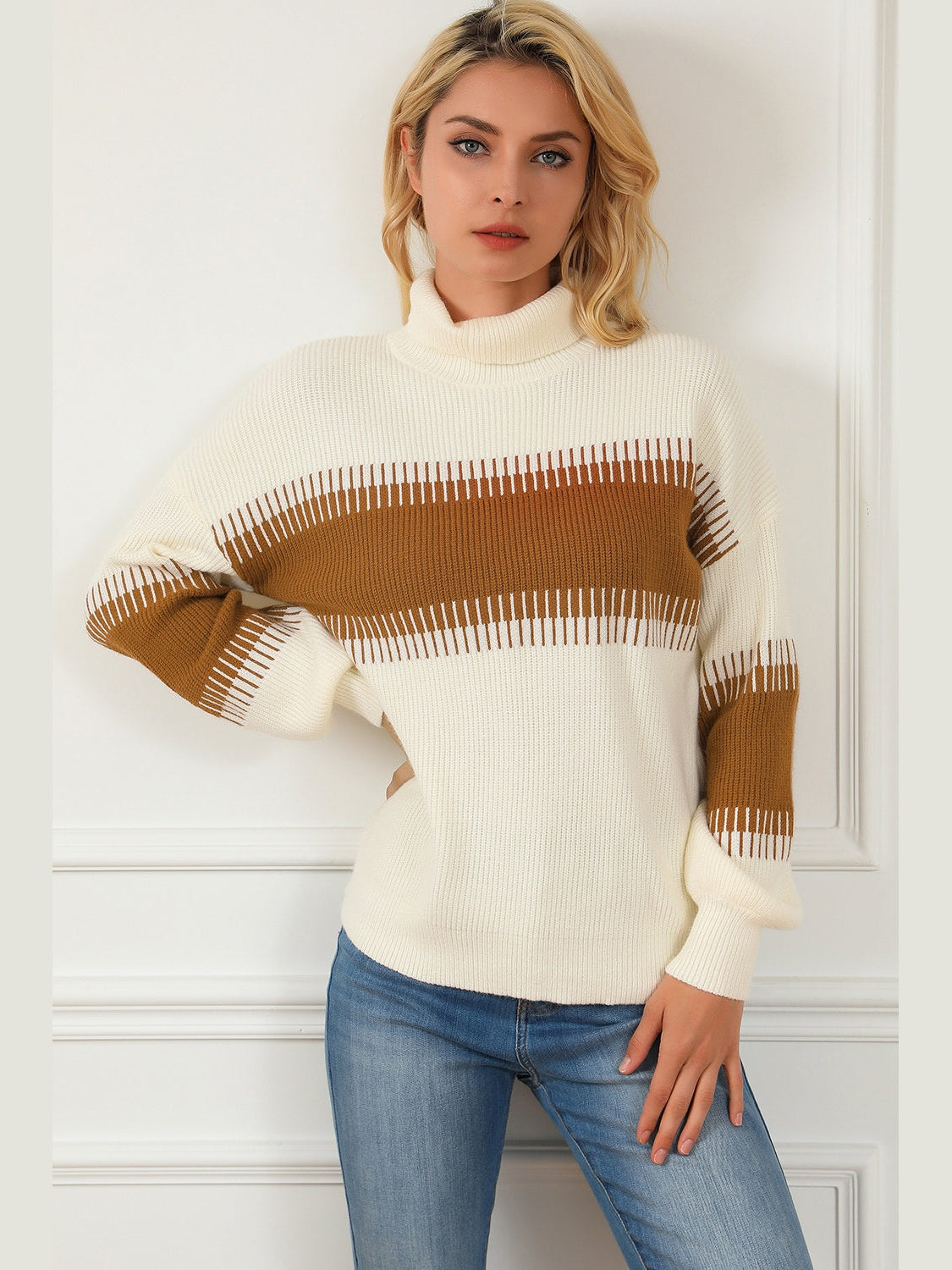 Contrast Turtleneck Long Sleeve Sweater Trendsi