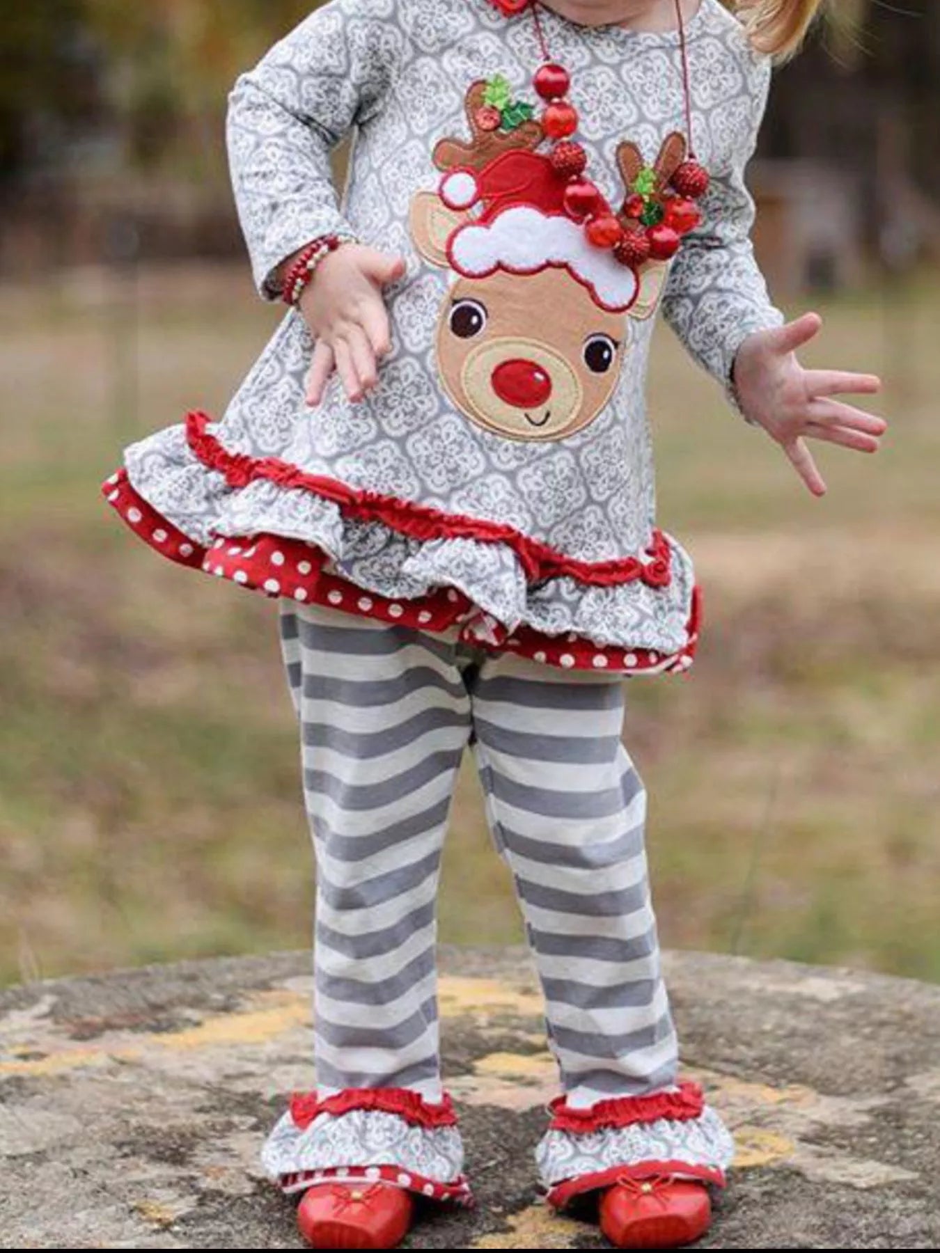 Children's Christmas Reindeer Ruffle Trim Outfit Set NicholesGifts