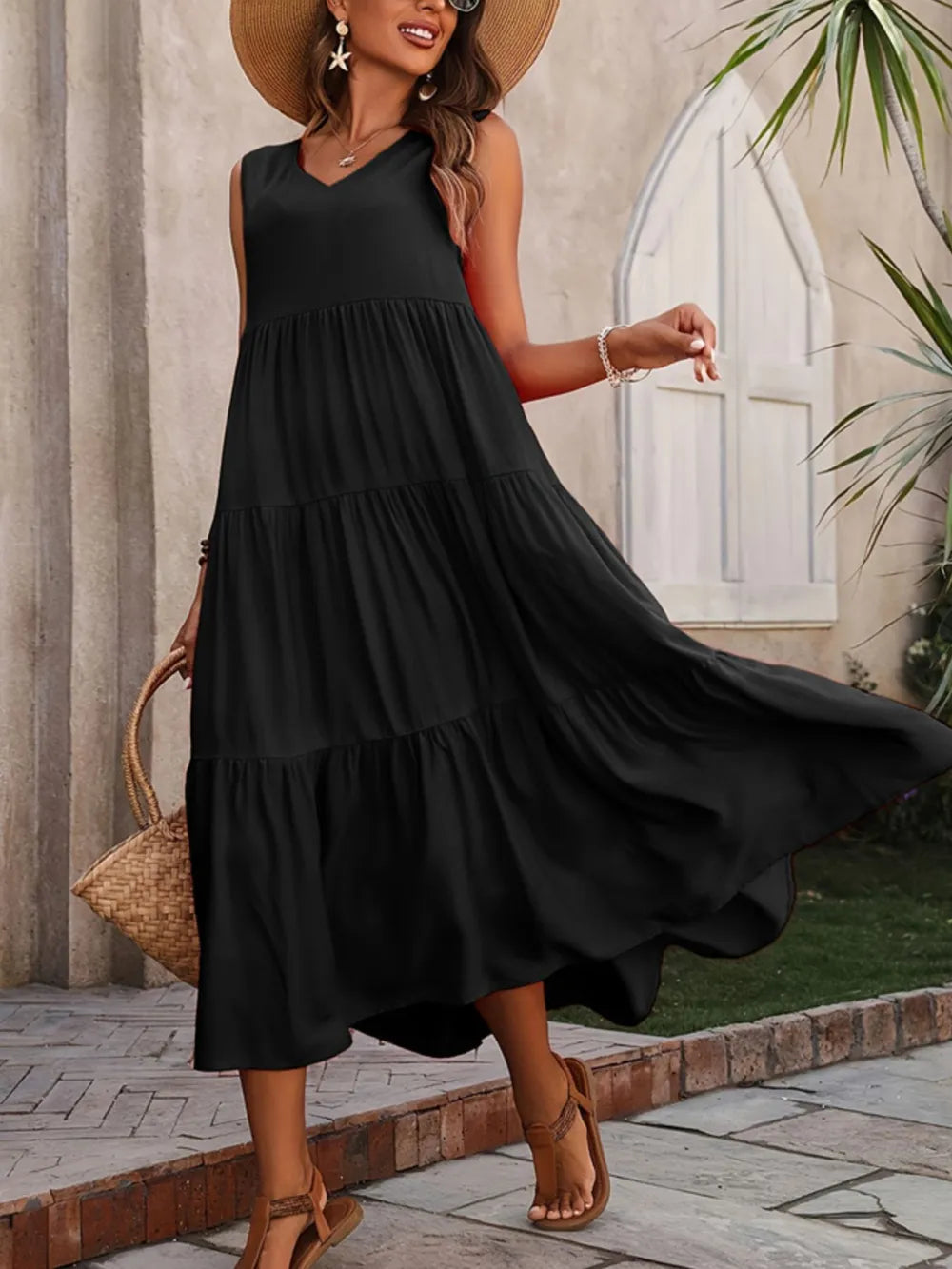 Tiered V-Neck Sleeveless Dress NicholesGifts