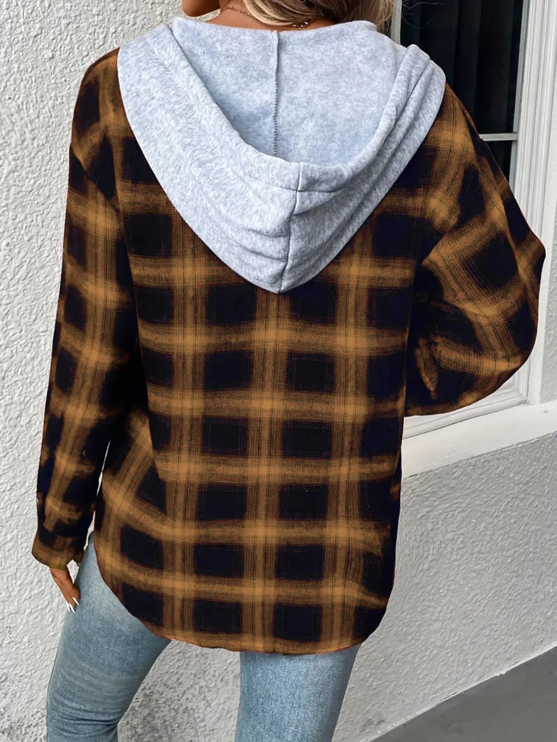 Plaid Drawstring Button Up Hooded Jacket nicholesgifts
