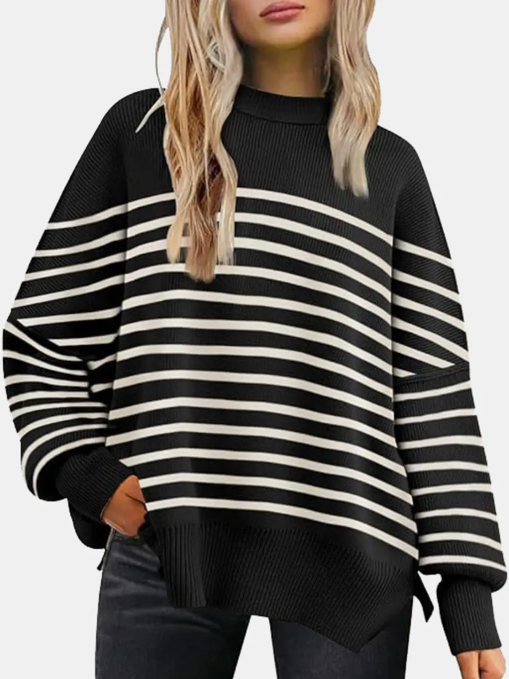 Round Neck Drop Shoulder Slit Sweater Trendsi