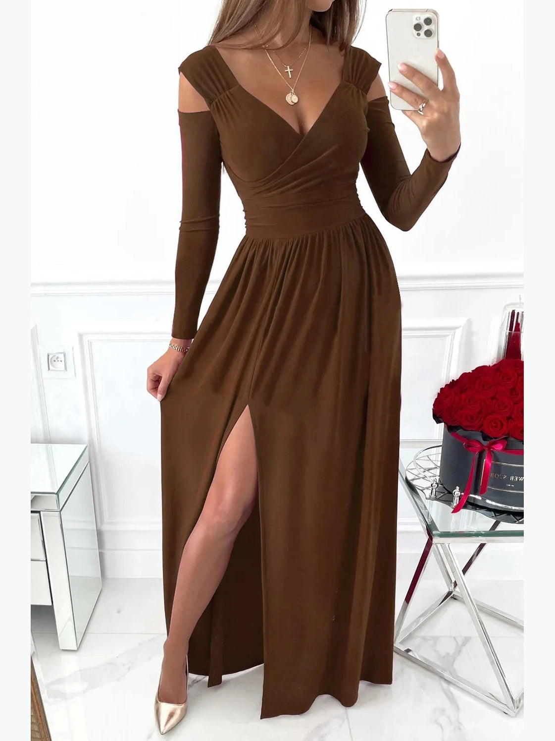 Slit Surplice Long Sleeve Maxi Dress nicholesgifts
