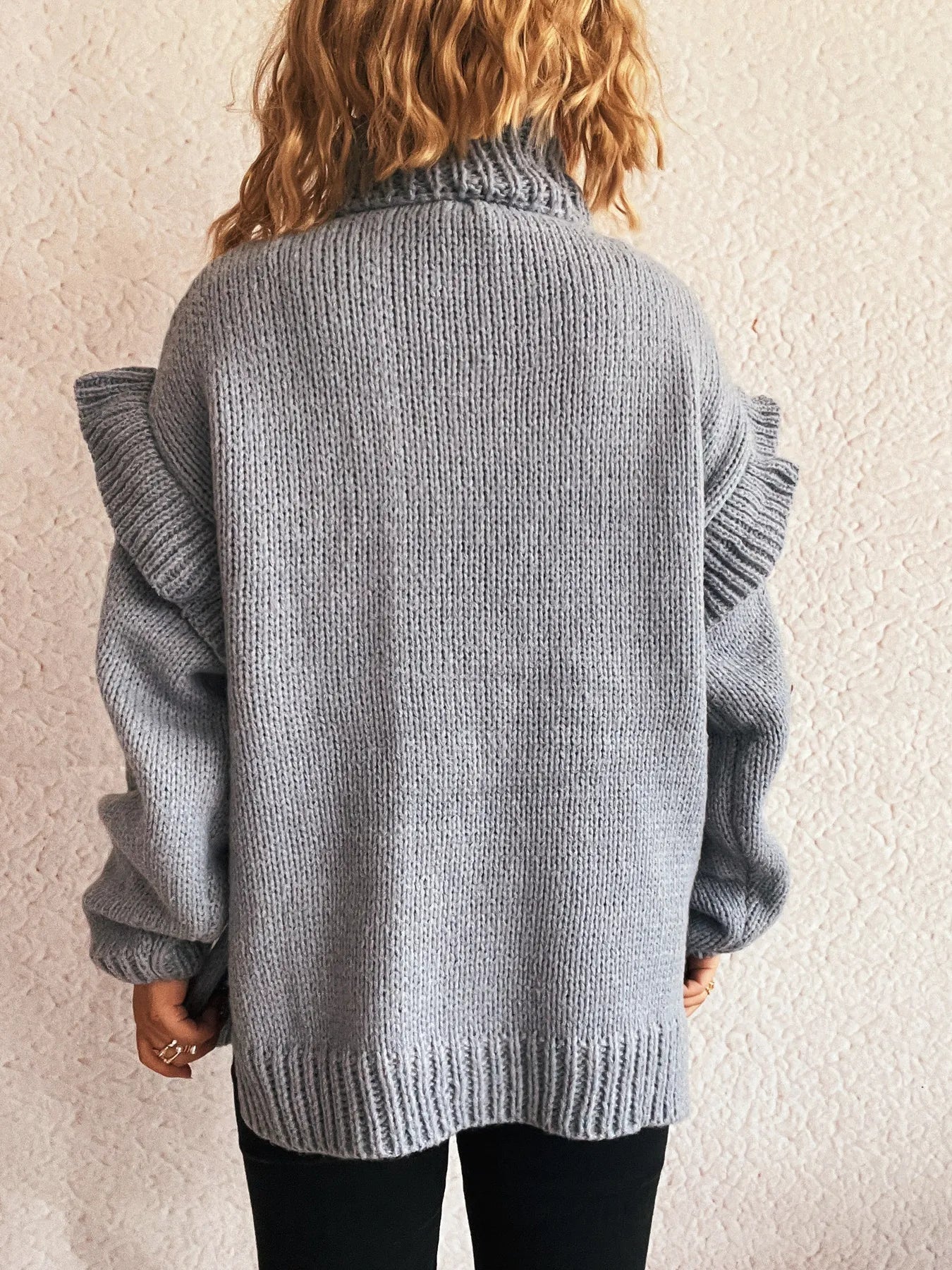 Women Ruffled Turtleneck Long Sleeve Sweater