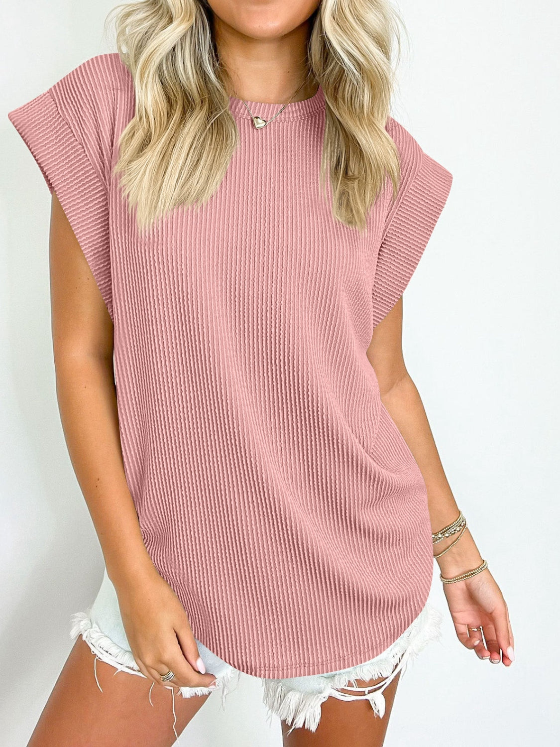 Textured Round Neck Cap Sleeve Blouse nicholesgifts