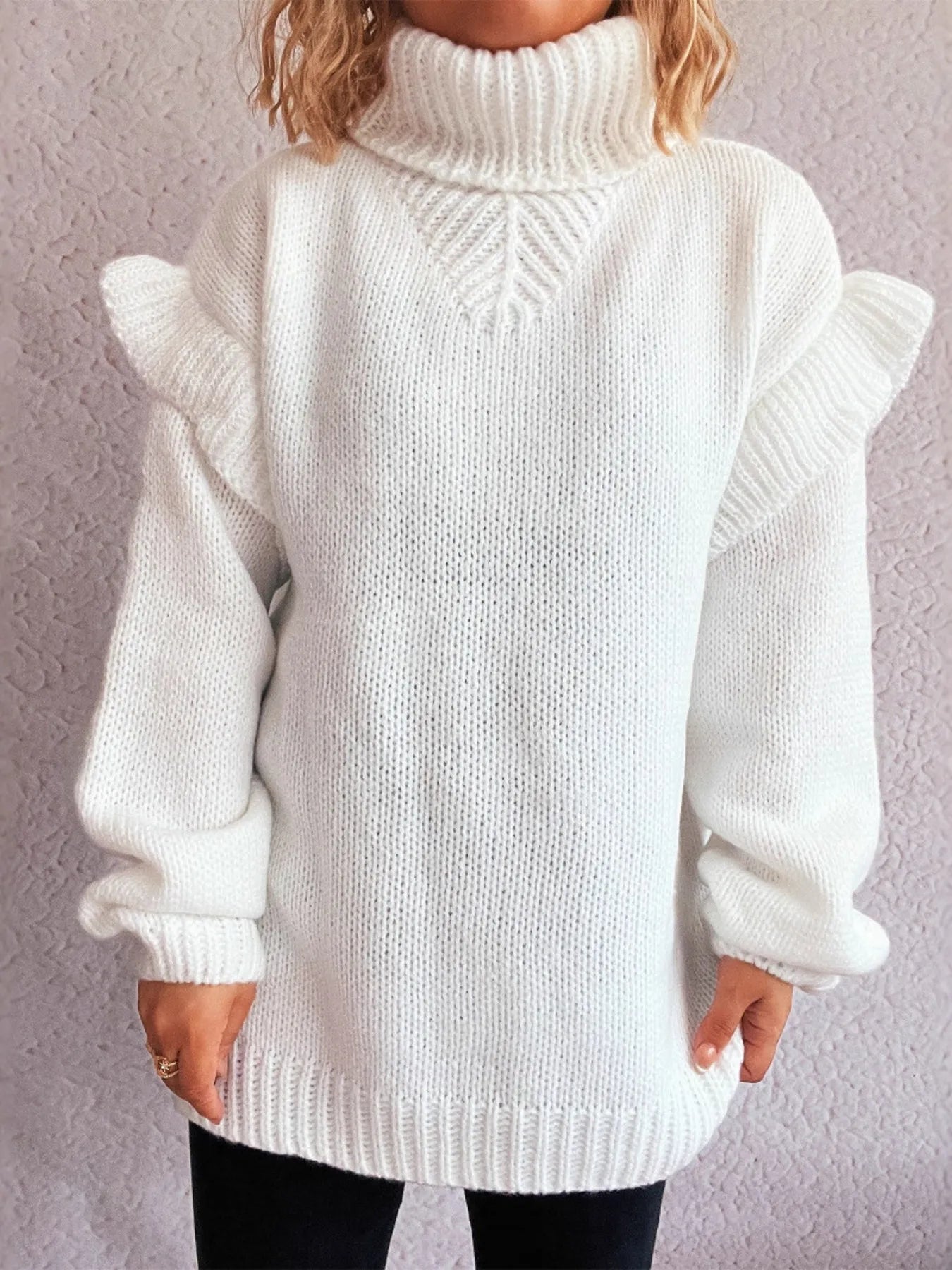Women Ruffled Turtleneck Long Sleeve Sweater