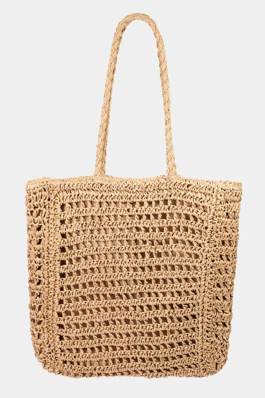 Fame Straw Braided Beach Tote Bag Trendsi
