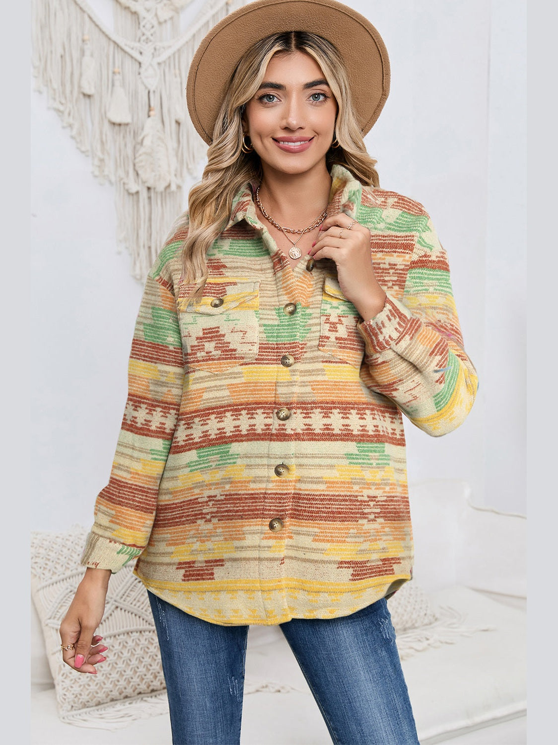 Geometric Button Down Collared Jacket nicholesgifts