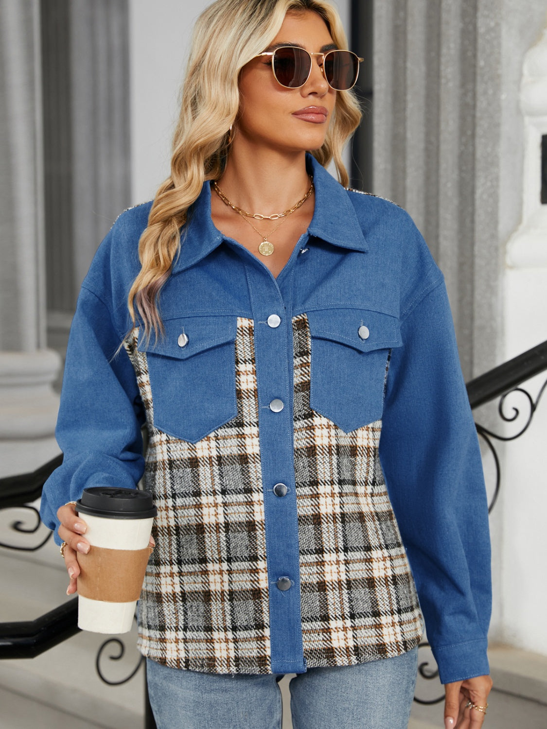 Plaid Button Up Long Sleeve Denim Jacket nicholesgifts