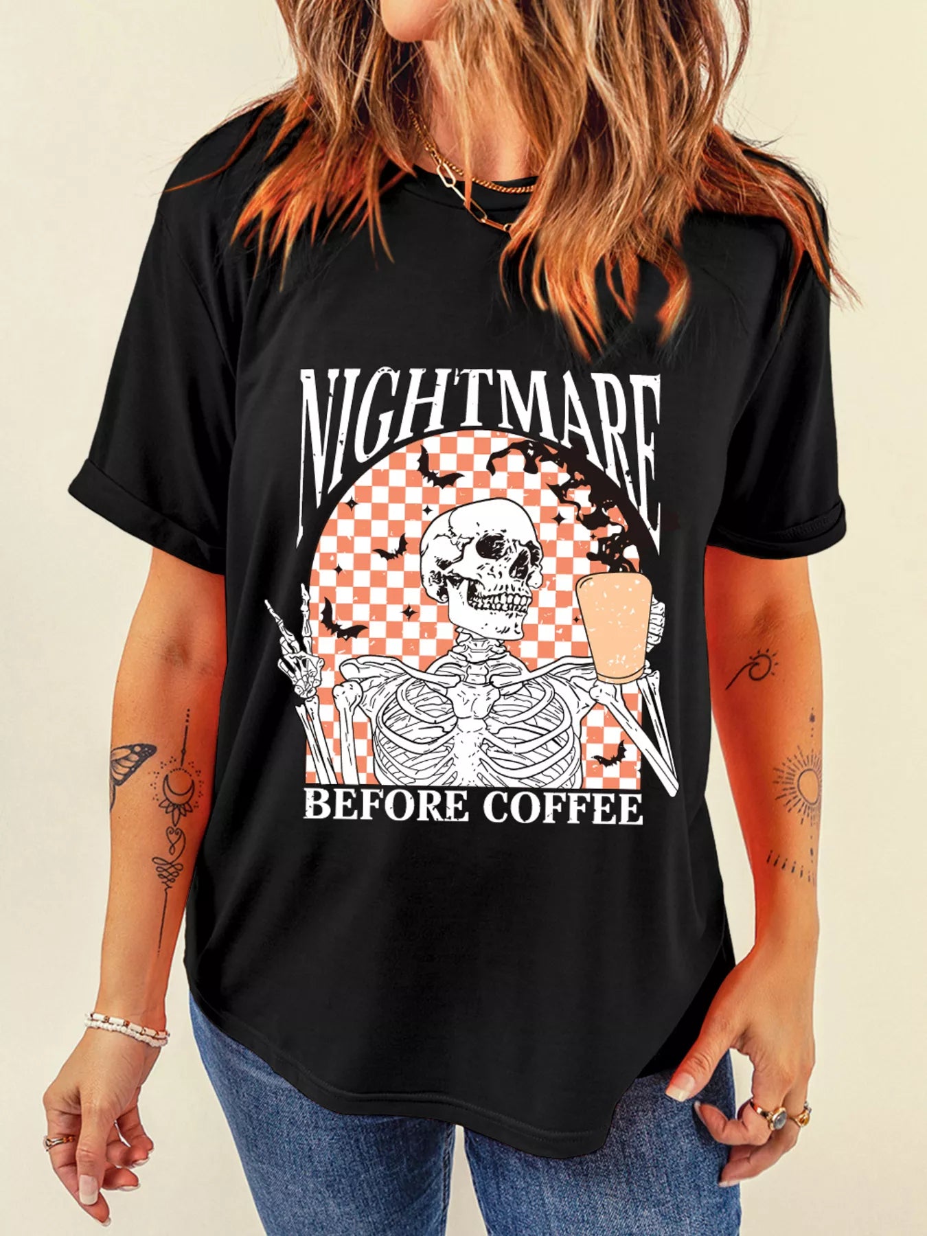 Halloween Skull Checkerboard Graphic Round Neck Tee