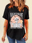 Women Halloween Skull Checkerboard Graphic Round Neck Tee nicholesgifts