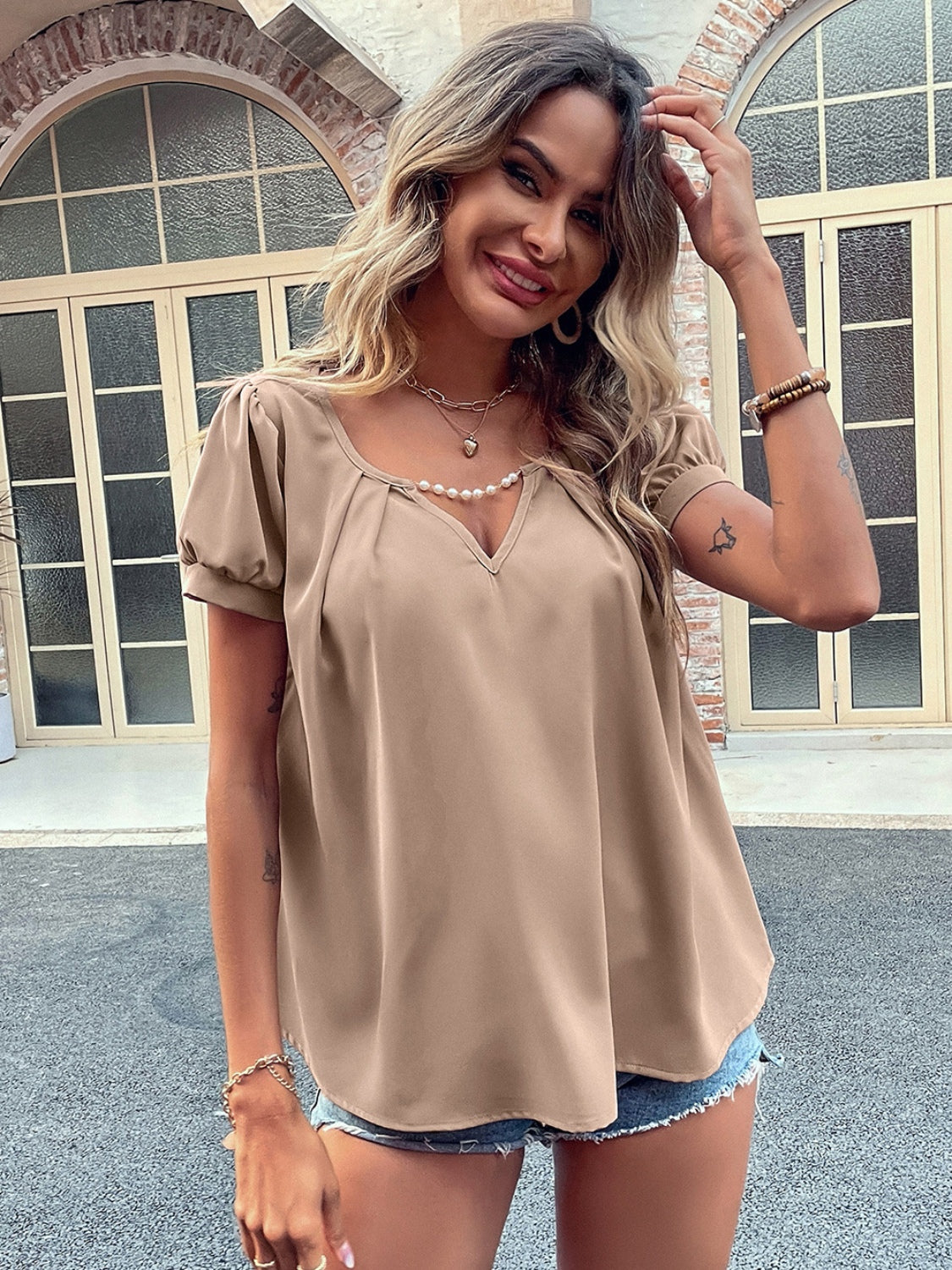 Pearl Detail Notched Short Sleeve Blouse nicholesgifts