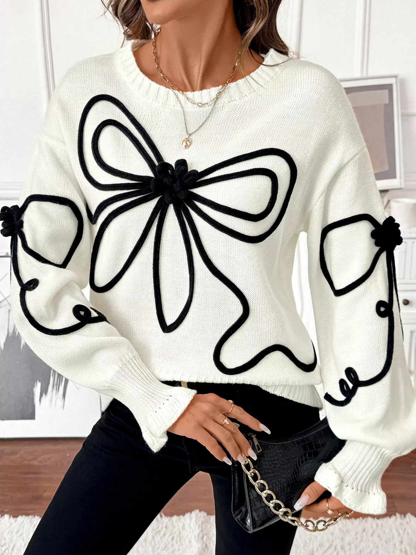 Bow Pattern Long Sleeve Sweater