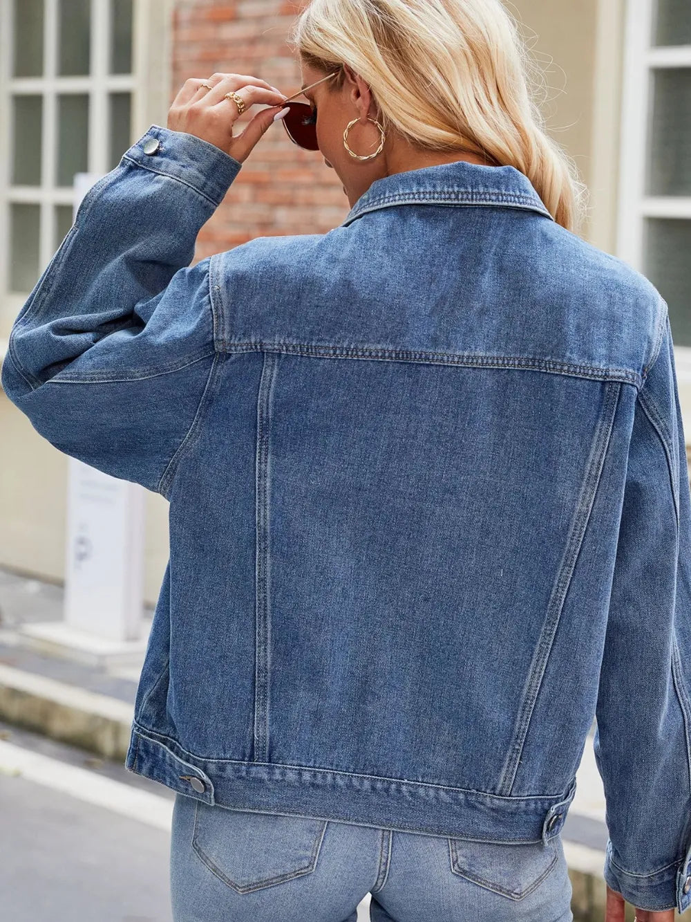 Pocketed Collared Neck Denim Jacket nicholesgifts