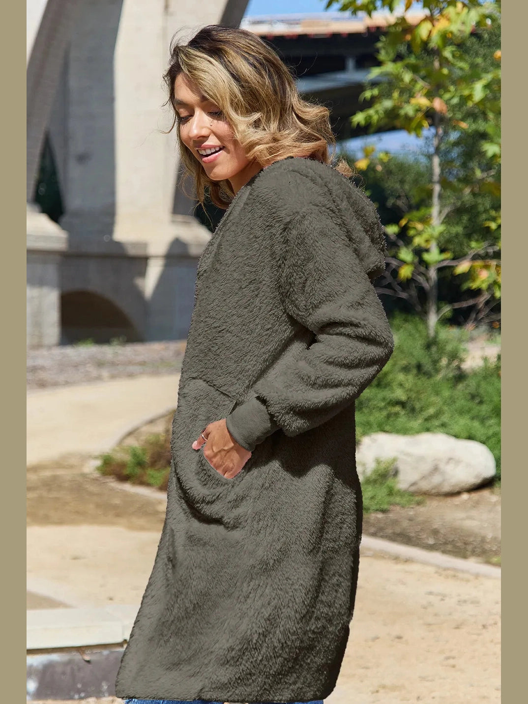 Double Take Full Size Hooded Teddy Bear Jacket with Thumbholes nicholesgifts