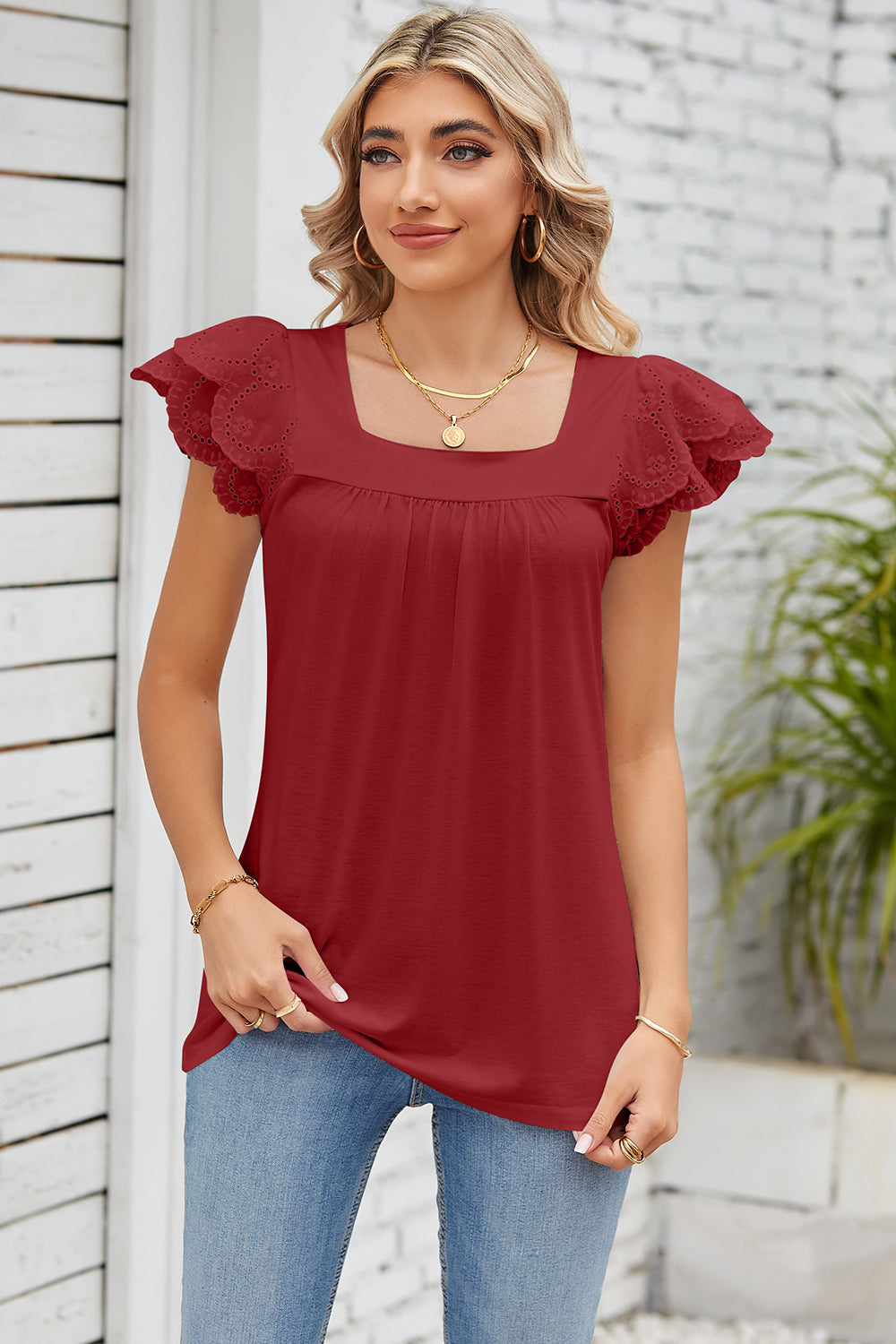 Eyelet Square Neck Cap Sleeve Blouse nicholesgifts