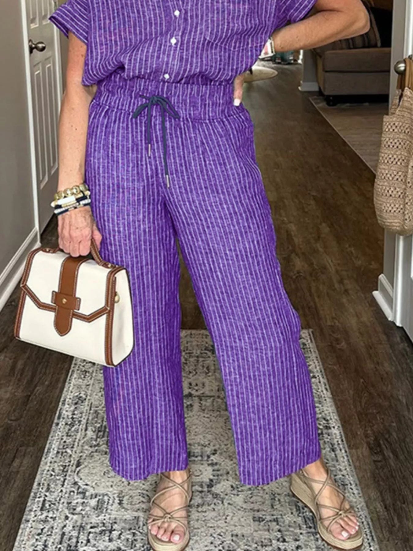 Full Size Striped Button-Up Shirt and Wide Leg Pants Casual Set Plus Size Trendsi