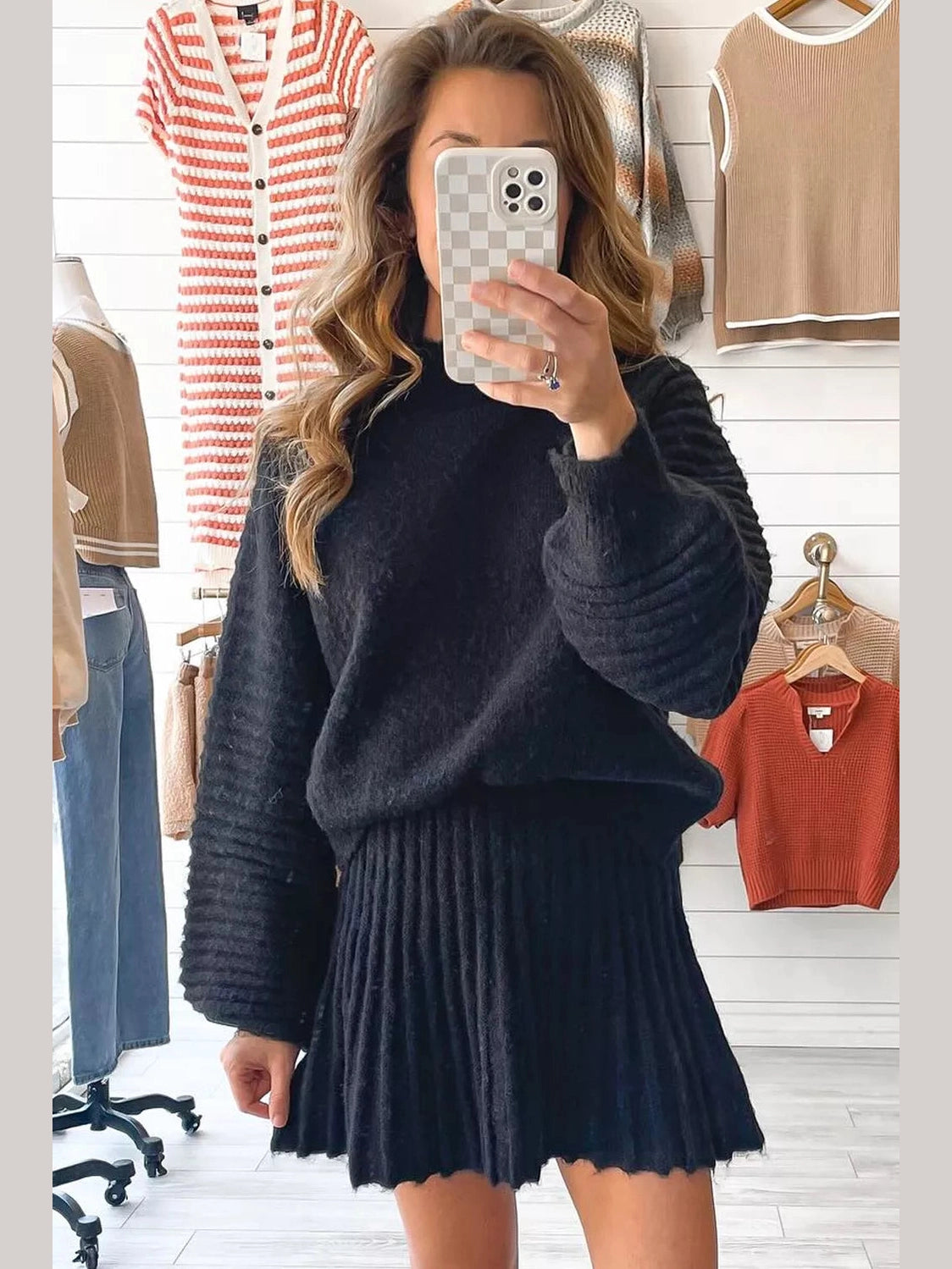 Round Neck Top and Skirt Sweater Set nicholesgifts