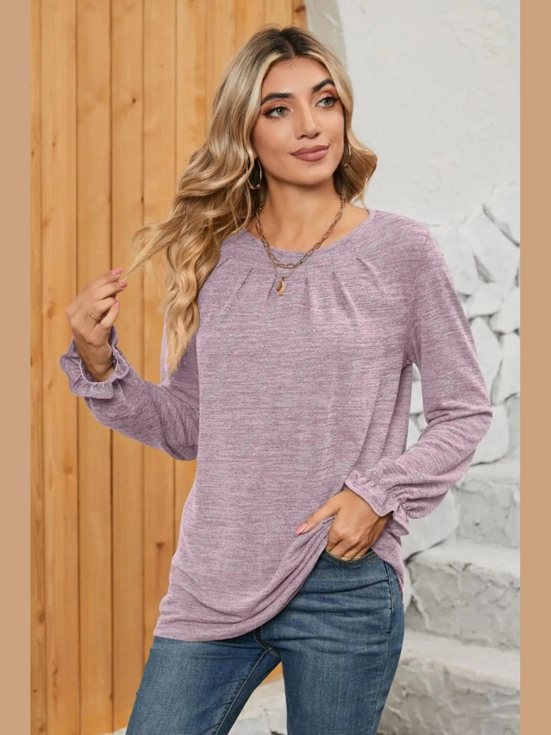 Ruched Round Neck Flounce Sleeve T-Shirt NicholesGifts