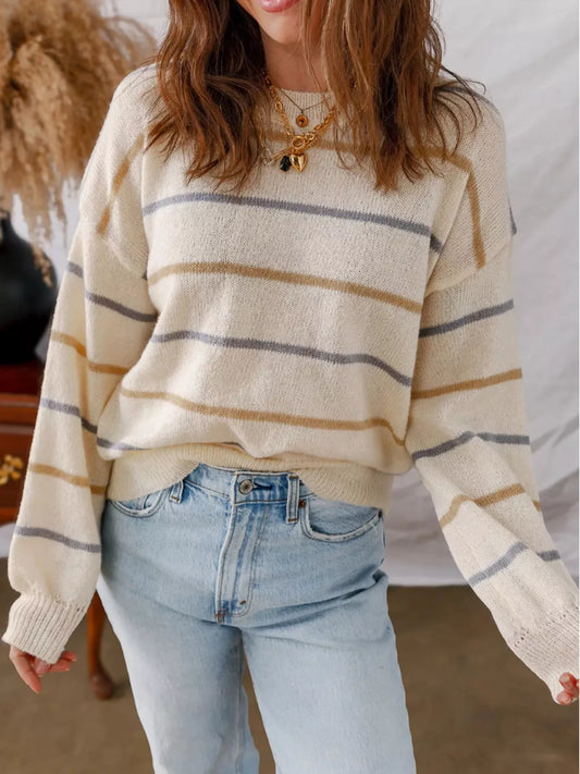 Striped Round Neck Drop Shoulder Sweater NicholesGifts