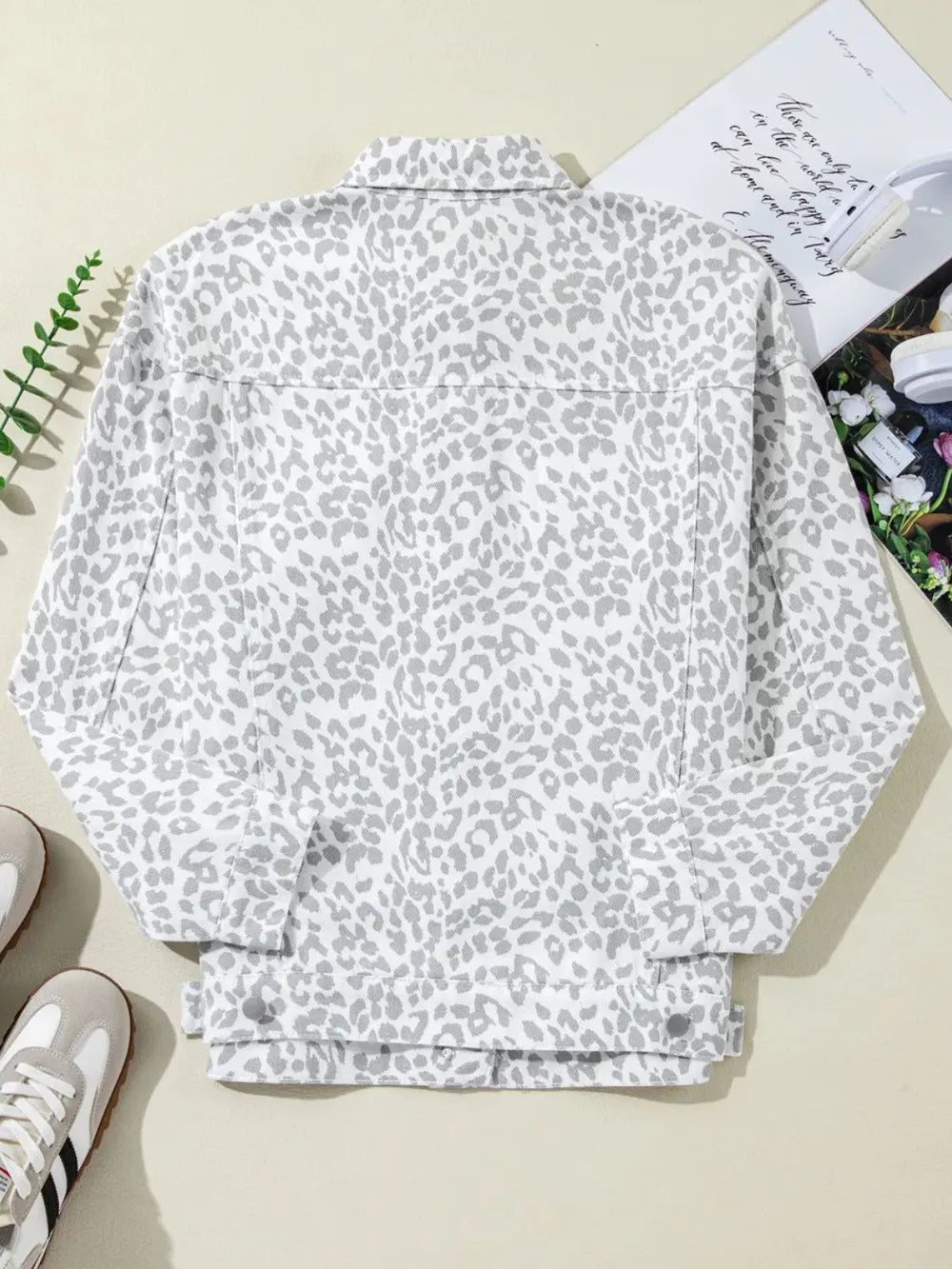 Leopard Button Up Long Sleeve Denim Jacket nicholesgifts