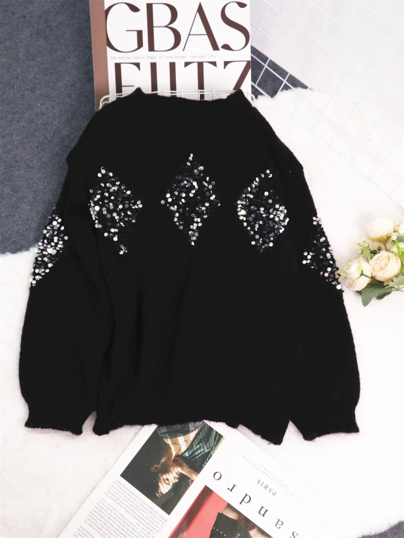 Sequined Diamond Pattern Oversized Sweater Trendsi