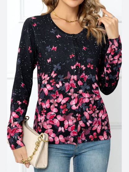 Woven Right Floral Button Front Round Neck Cardigan nicholesgifts