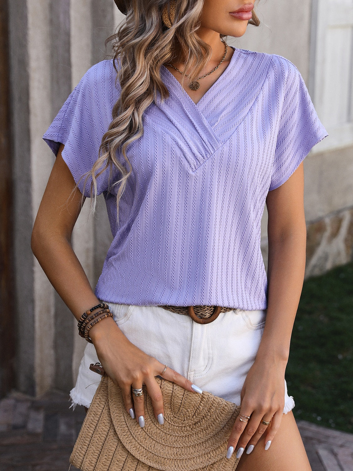 Textured Surplice Short Sleeve Blouse nicholesgifts