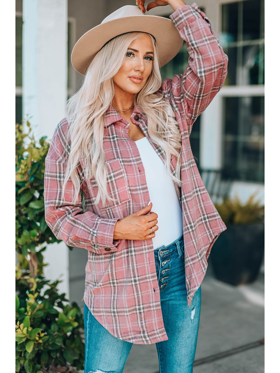 Plaid Curved Hem Dropped Shoulder Longline Shirt Jacket nicholesgifts