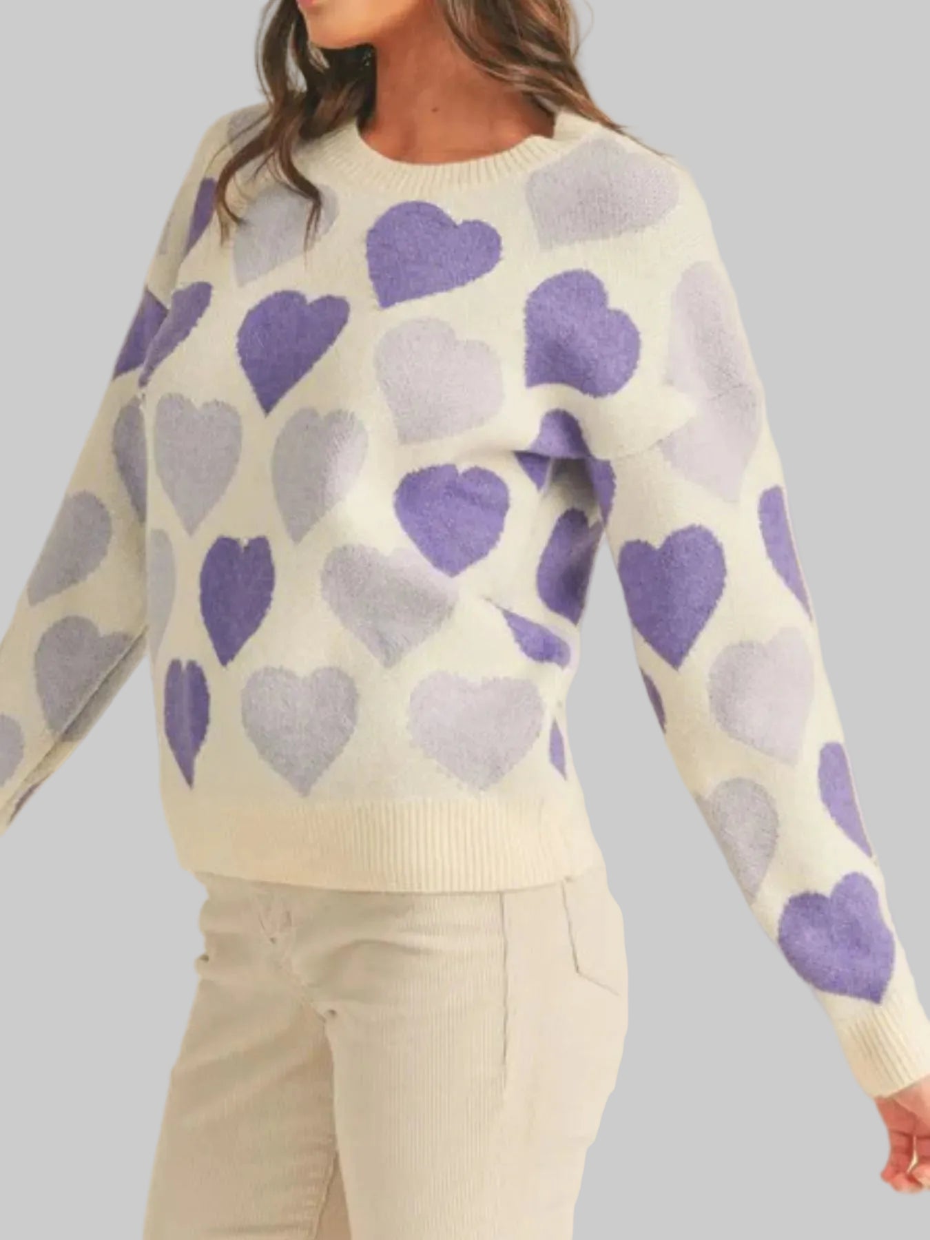 Women Heart Ribbed Hem Long Sleeve Sweater For Valentine's Day Gift For Her nicholesgifts