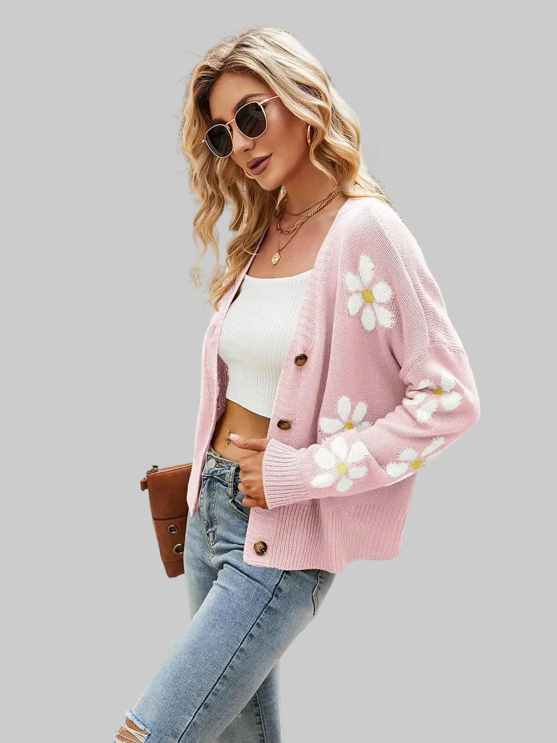 Women Flower Pattern Button Front Cardigan nicholesgifts