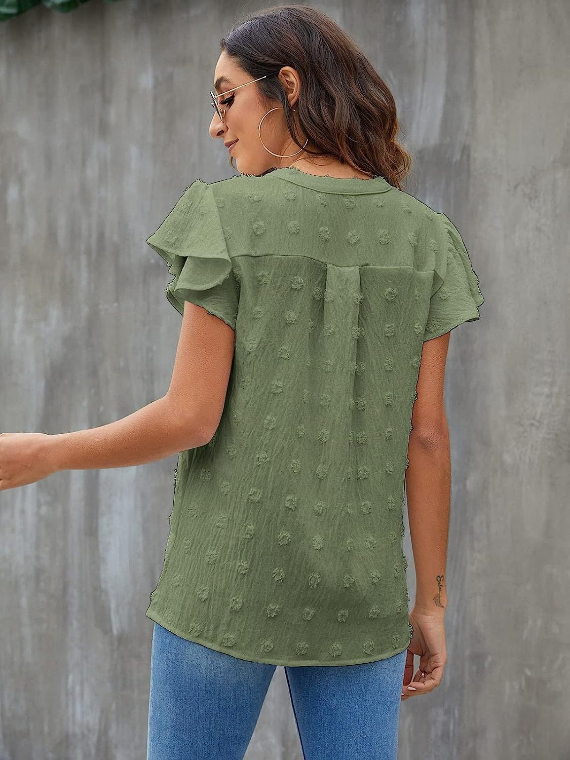 Swiss Dot Notched Cap Sleeve Blouse nicholesgifts