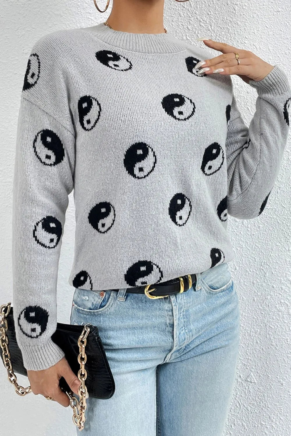 Women Graphic Mock Neck Dropped Shoulder Sweater