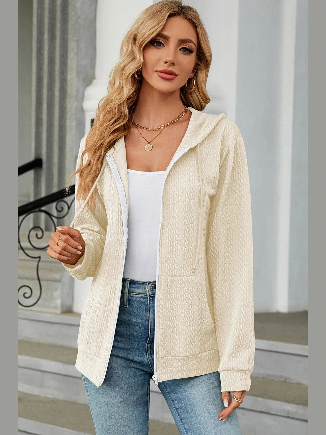 Drawstring Zip Up Long Sleeve Hoodie Trendsi