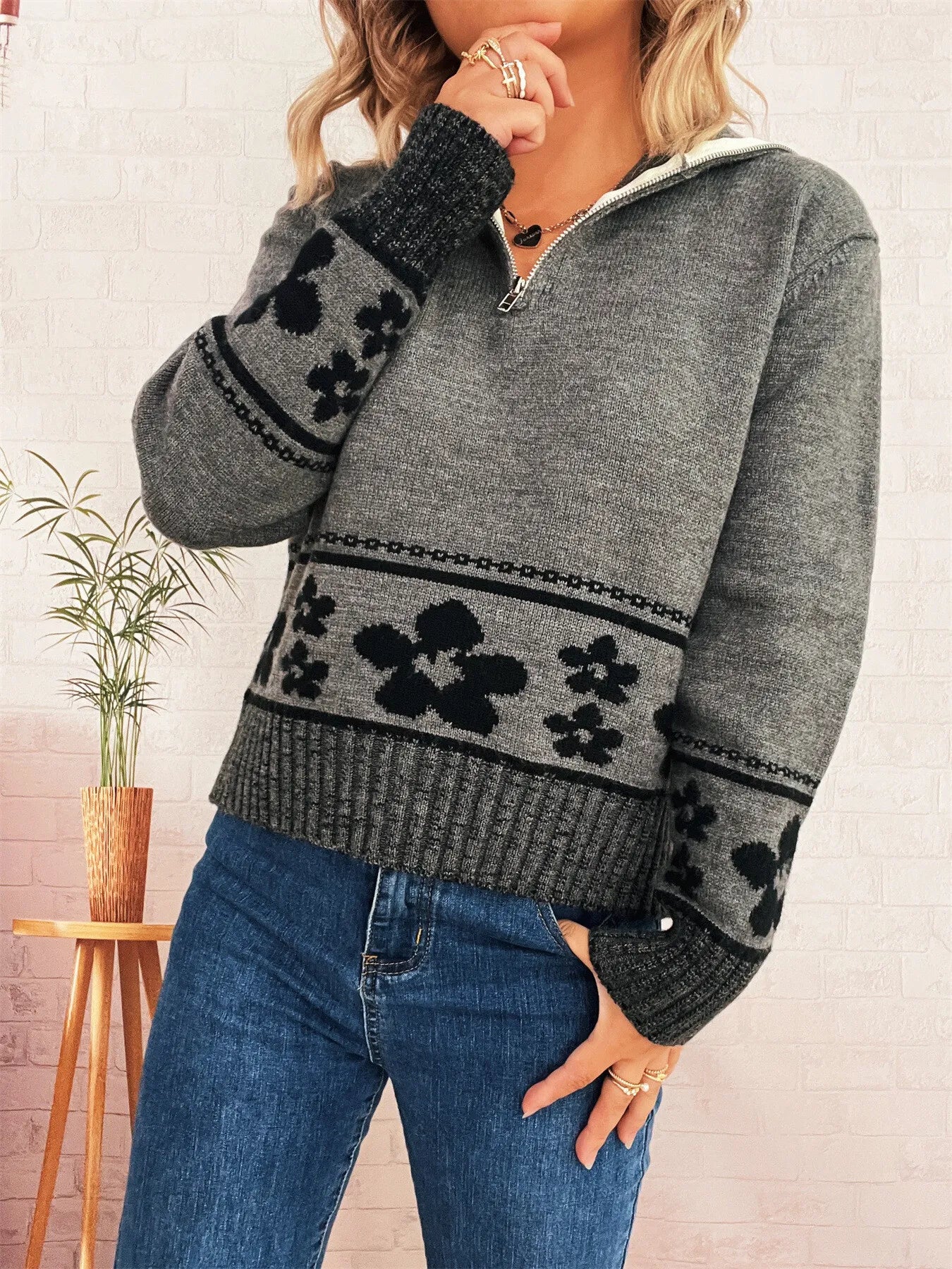 Flower Zip Collar Long Sleeve Sweater